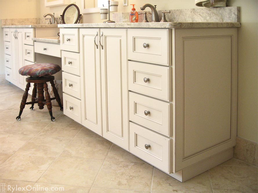 Multi Level Bathroom Vanity with Antique White Cabinet Drawers Close Up