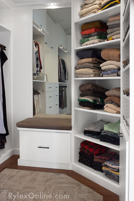 Closet Storage Bench and Open Shelves for Sweater Stacks