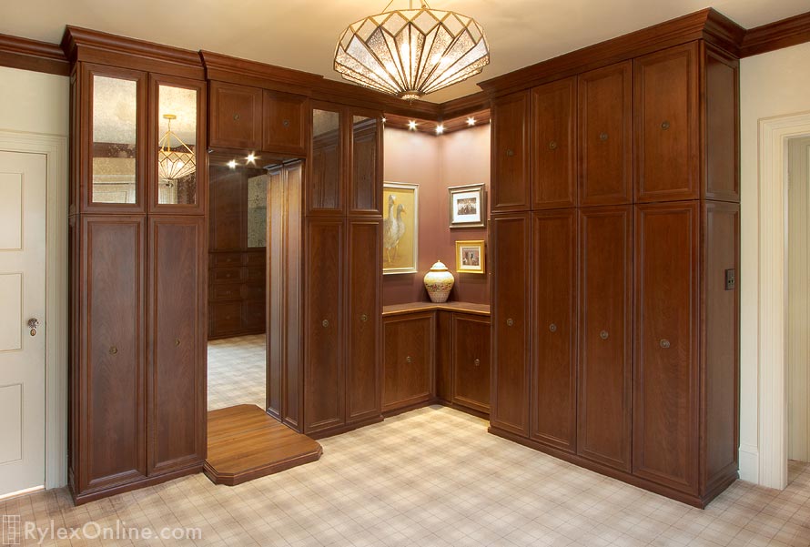 Gentleman's Closet with Full Length Mirror, Upper Cabinets with Mercury Glass Doors and Corner Display Cabinet with LED Lighting
