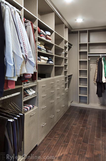 Master Closet with Open Shelving, Cabinet Drawers Hanging Space