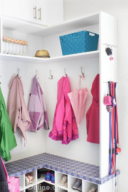 Mudroom Cabinets with Open Storage Shelves, Two Prong Hooks and Key Hooks
