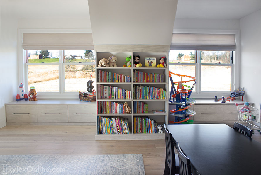 Playroom Double Window Seats with Storage and Bookcase