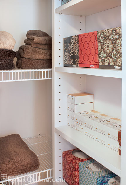 Adjustable Linen Closet with Wire and Melamine Shelving
