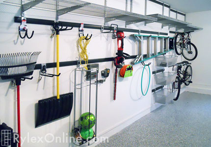 Garage Wall Racks with Storage Bins for Garden Tools and Bikes