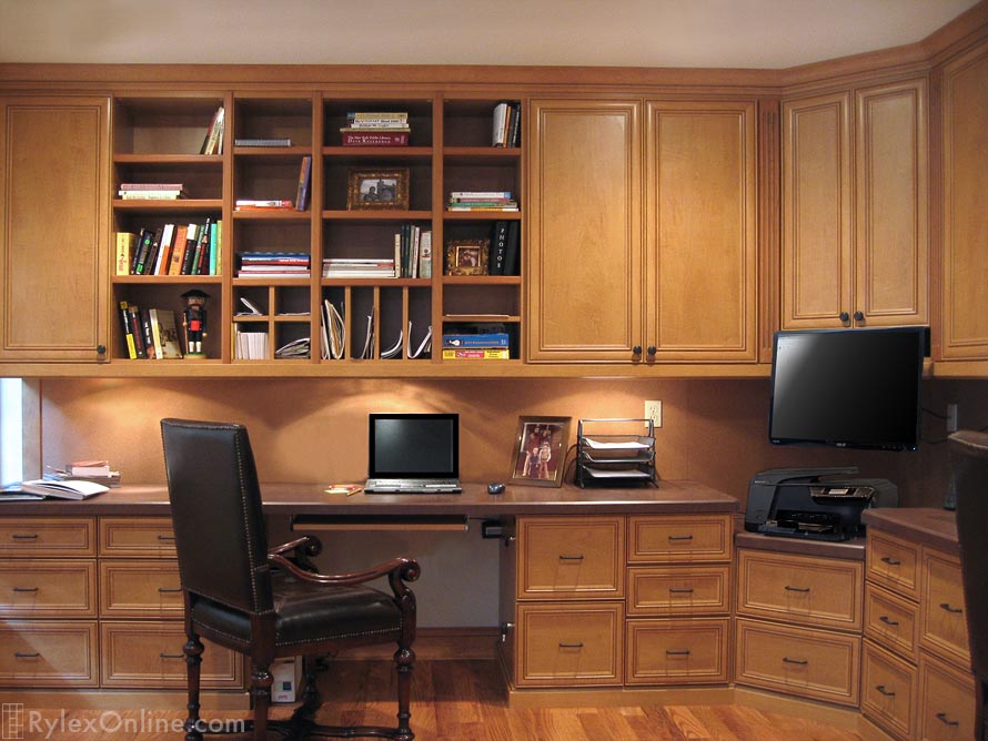 Built-in Home Office with Cabinets and Open Shelves