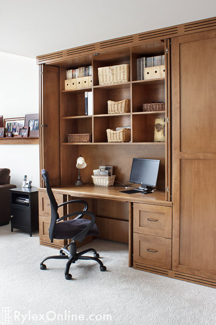 Pocket Doors Reveal Office Desk with Open Shelving and File Drawers
