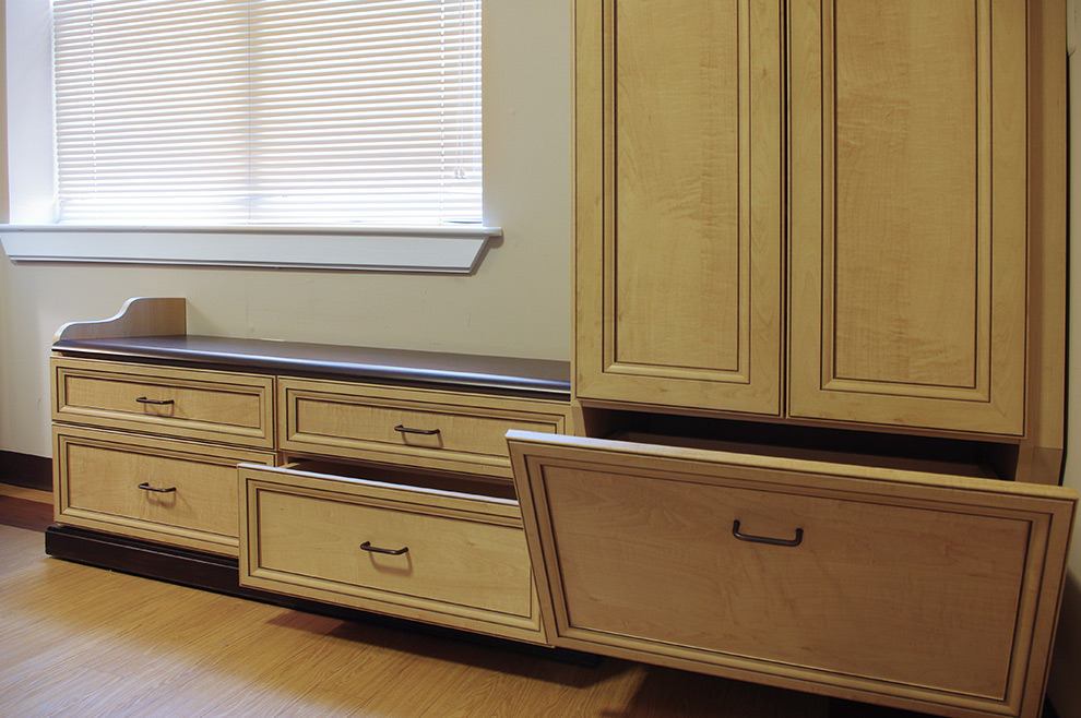 Assisted Living Cabinets with Soft Edges and Angled Shoe Drawer