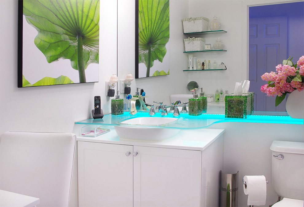 Glass Vanity Top with Low Voltage under Lighting with White Sink and Cabinets