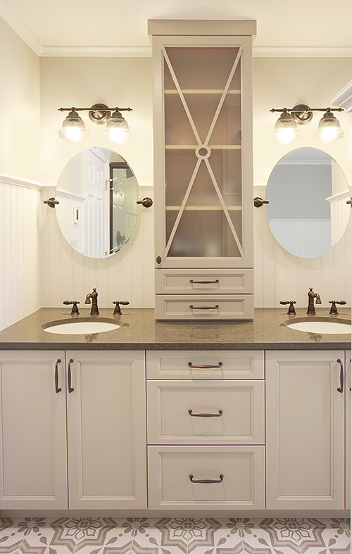 Decorative Bathroom Dual Vanity Cabinet and Above Counter Cabinet with Acid Etched Glass