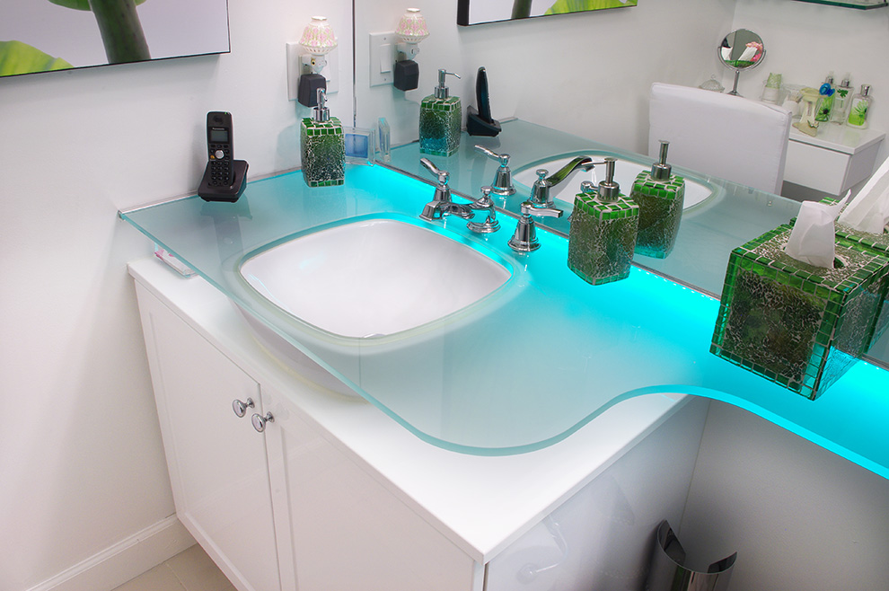 Bathroom Vanity with Low Voltage Lighting Under Glass