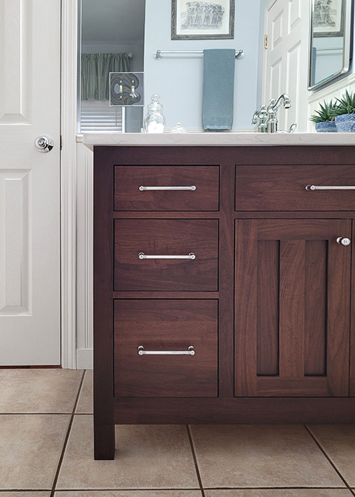 Stunning Walnut Vanity with Multiple Drawers and Shelves Behind Doors