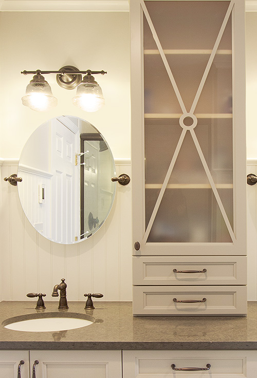 Bathroom Cabinet with Mullion Door and X Light with Open Hub and Drawers Close Up