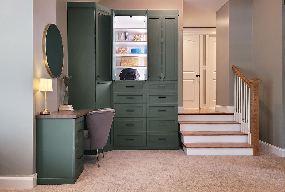 Custom Built-In Bedroom Office Desk, Corner Cabinet and Cabinets with Storage Drawers & Interior Lighting - View More Options