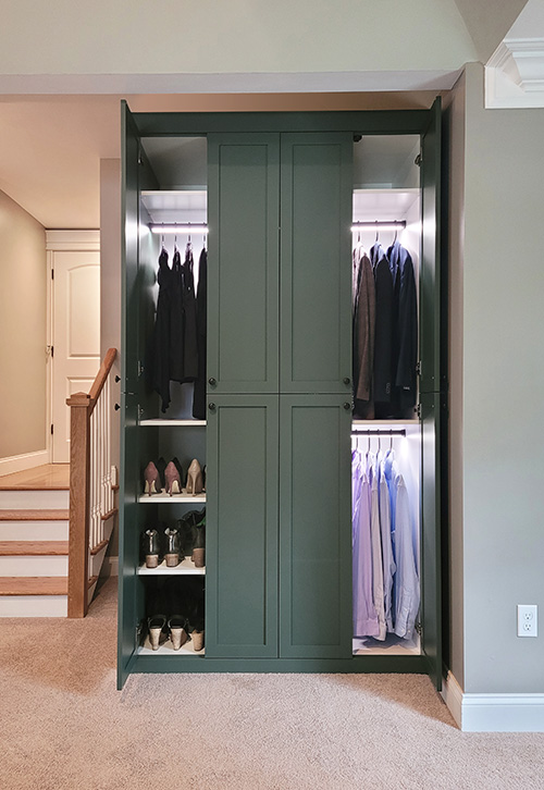 Custom Bedroom Wardrobe with Shoe Shelves and Lighted Garment Rods - View More Options