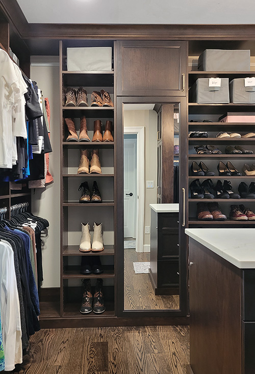 Boot Storage Shelves and Mirrored Closet Cabinet with Open Adjustable Shelves