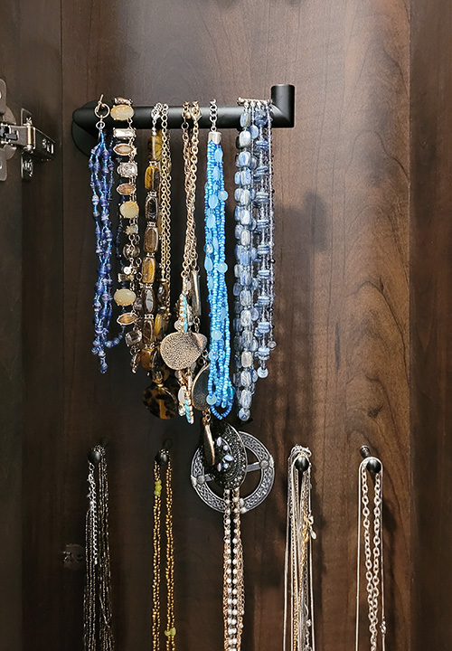 Custom Jewelry Cabinet with Bracelet Bar and Necklace Pegs