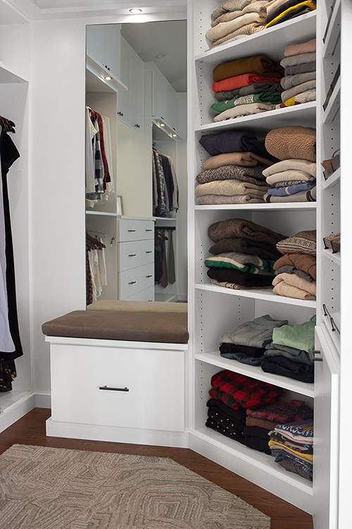 Closet Storage Bench and Open Shelves for Sweater Stacks