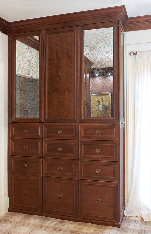 Entertainment Closet Cabinet with Mercury Glass Doors and Varied Depth Drawers