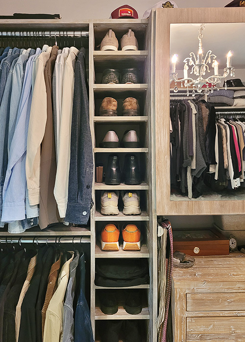 Custom Walk-In Men's Closet with Mirrored Cabinet Doors & Shoe Cubbies