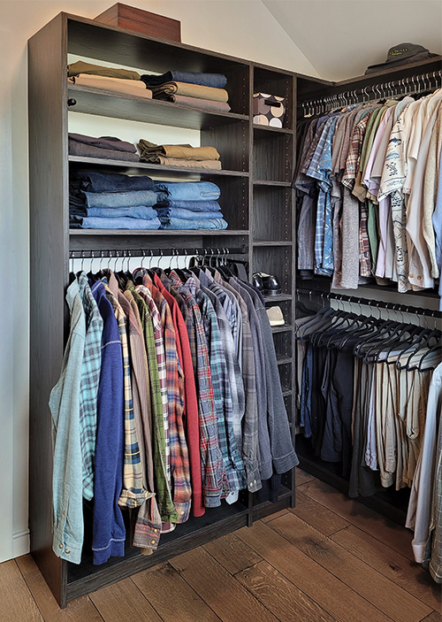 Men's Custom Closet Design with Open Shelving