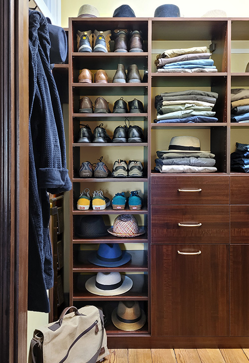 Custom Walk-In Closet in Historic Home with Limited Space with Shoe Shelves