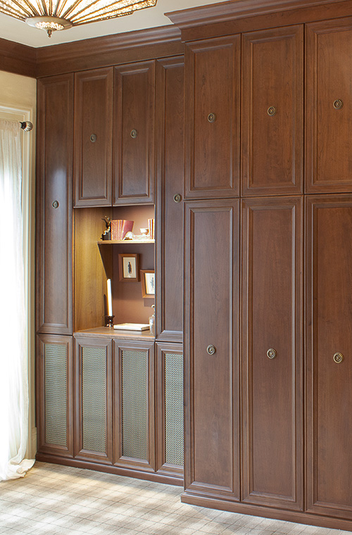 Men's Closet Cabinets with Mesh Door Inserts and Upper Cabinet with LED Lighting