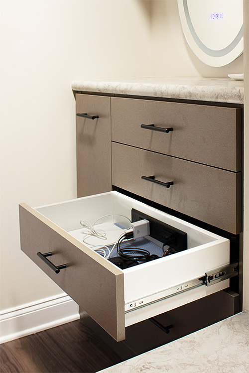 Elegant Closet with Adjustable Shelves, Sliding Baskets and Lighted Garment Rods for Hanging Clothes
