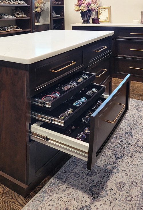 Closet Island with Triple Tier Velvet Lined Drawer for Eyewear