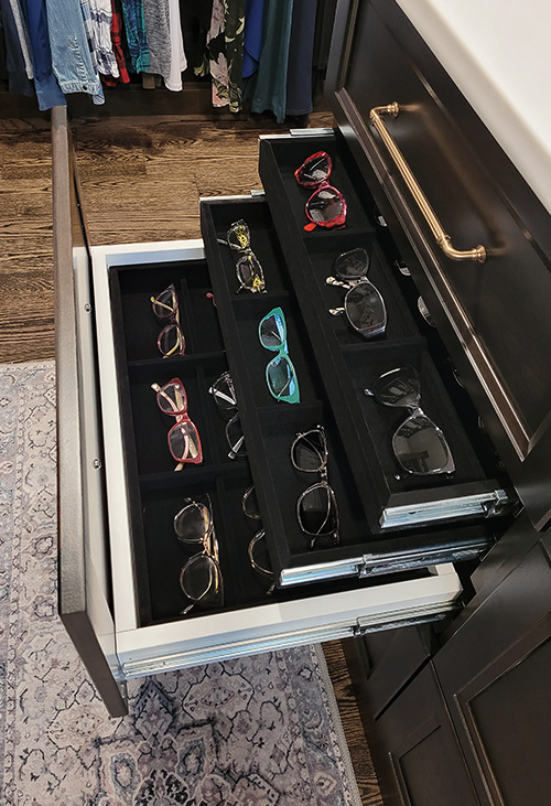 Custom Closet Cabinet with Luxurious Eyewear Storage with Three Tiered Velvet Lined Drawers