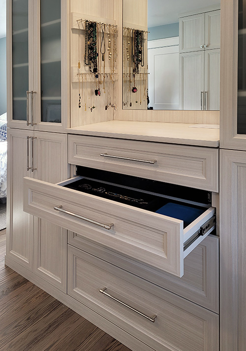 Galley Style Bedroom Cabinets with Jewlery Holder