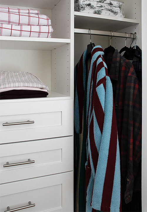Small White Guest Room Closet with Drawers, Storage & Hanging Space