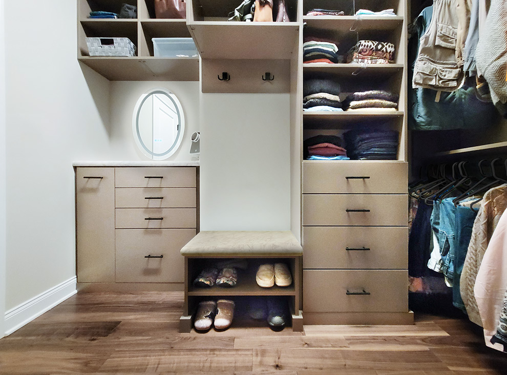 Bedroom Closet Cabinets with Open Shelving and Shoe Bench