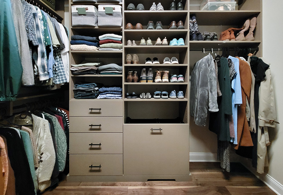 Organized Closet with Open Shelves, Hamper Drawer Cabinet with Ample Hanging Space