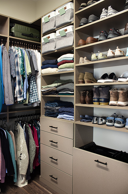 Primary Large Closet with Maximum Storage Organization with Adjustable Shoe Shelves and Hanging Space