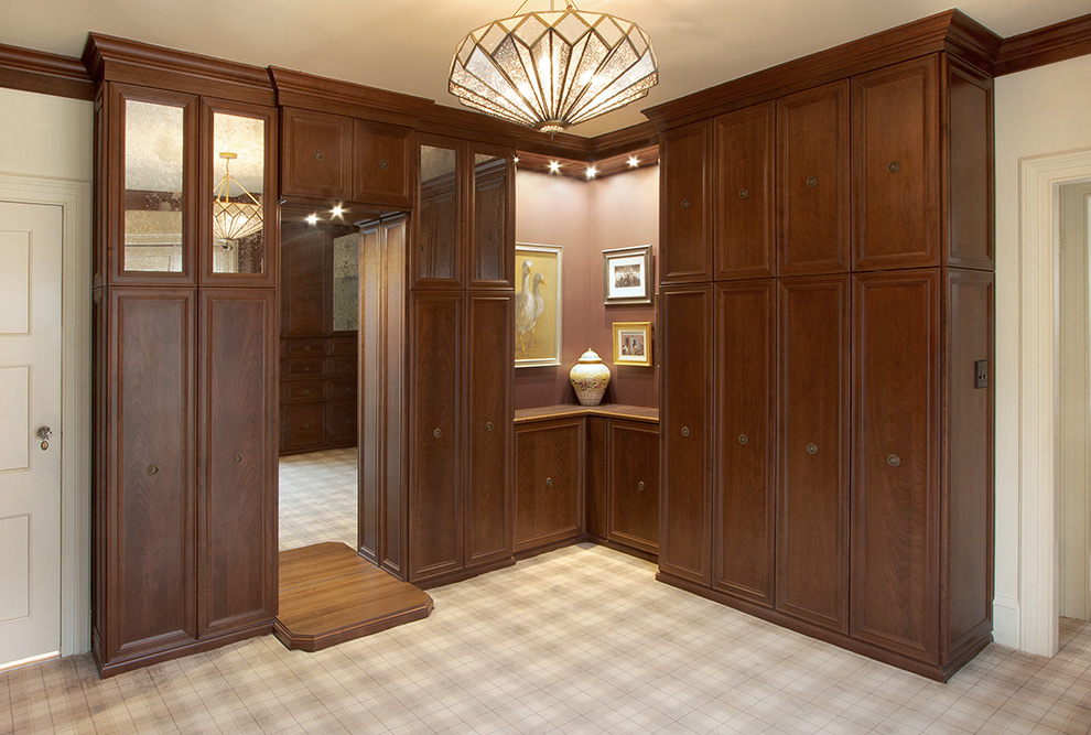 Gentleman's Closet with Full Length Mirror, Upper Cabinets with Mercury Glass Doors and Corner Display Cabinet with LED Lighting