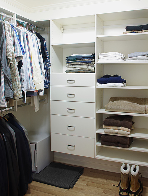 Open Adjustable Shelving with Drawers and Hanging Storage