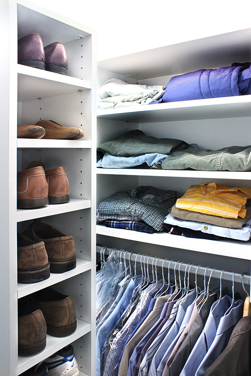 Angled Wall Closet with Men's Shoe Shelves and Hanging Space