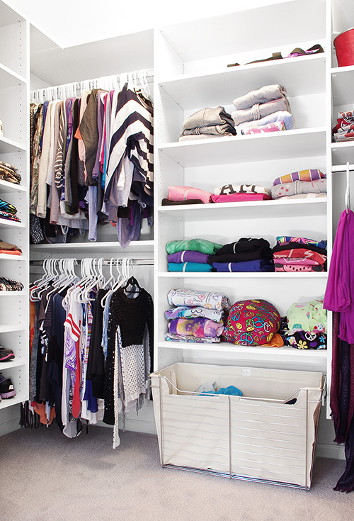 White Closet Cabinets with Adjustable Shelves and Hanging Rods and Sliding Basket