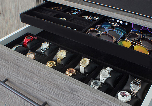 Bedroom Armoire Velvet Lined Watch Drawer with Watch Pillows and Second Tier Drawer for Glasses and Jewelry