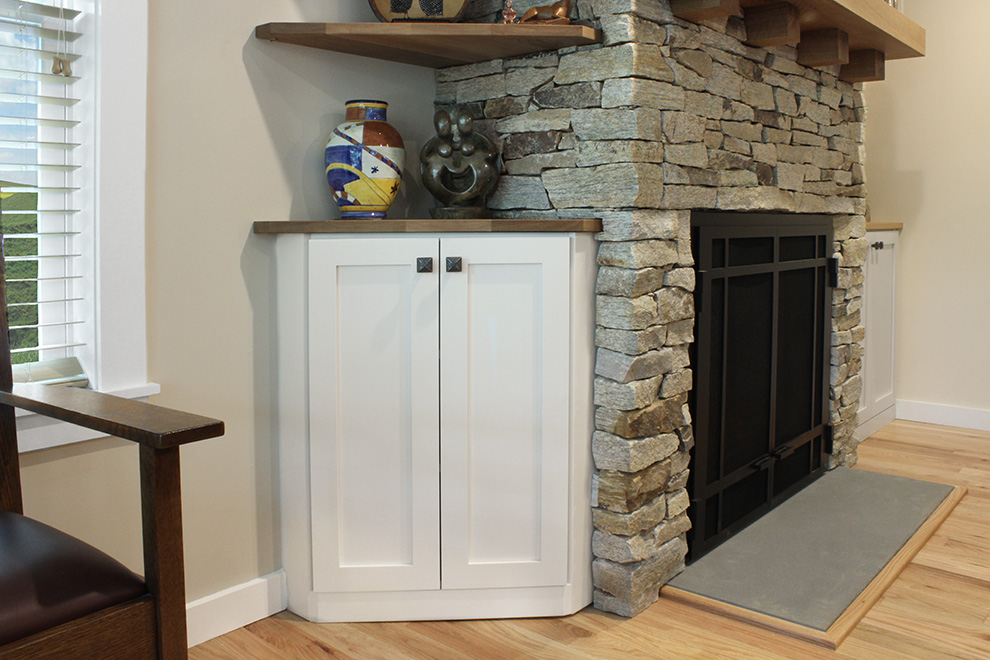 Fireplace Corner Cabinet with Wood Shelves Close Up