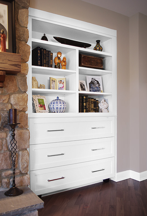 Fireplace Bedroom Cabinet with Open Display Shelves and Generous Drawers