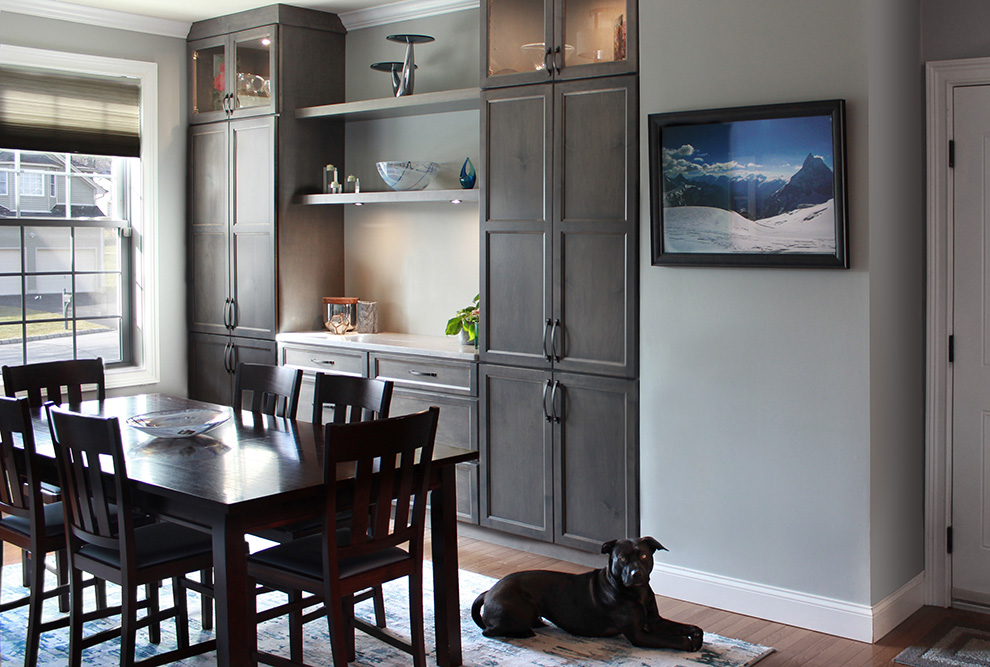 Driftwood Stained Cabinets with Glass Doors and Bold Open Shelving