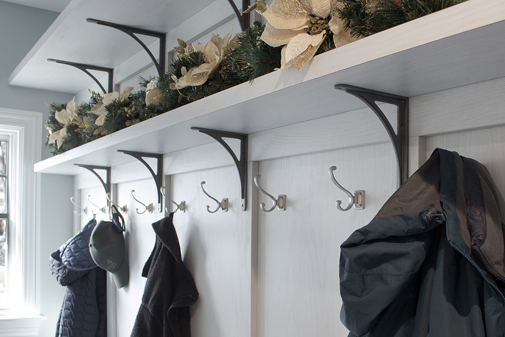 Mudroom Open Shelves with Cast Iron Brackets and Coat Hooks