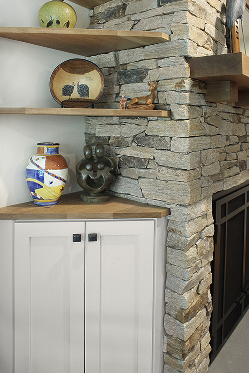 Corner Fireplace Cabinet with Wood Top and Two Floating Shelves