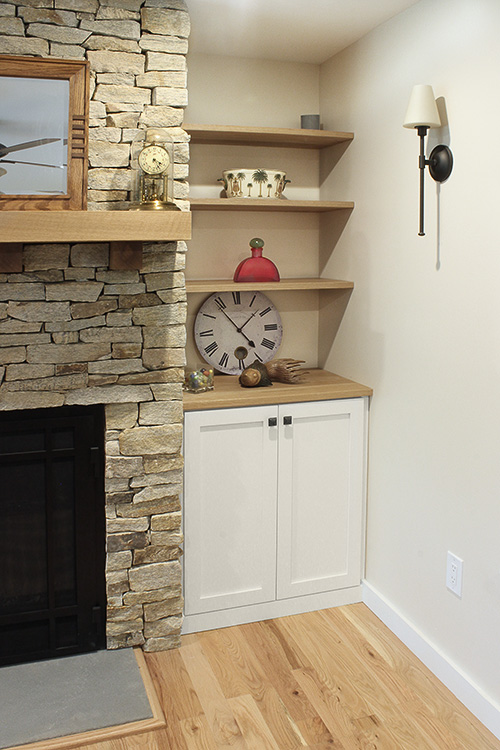 Fireplace Alcove Cabinet with Floating Wood Shelves