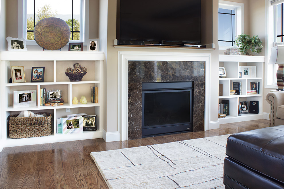 White Fireplace Surround Display Shelves on Shallow Alcove Wall