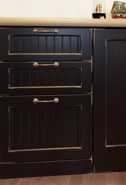 Distressed Wood Built in Cabinet Hutch Close on Drawers