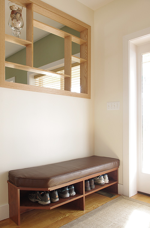 Entryway Cushioned Shoe Bench Below Red Oak Planking Opening