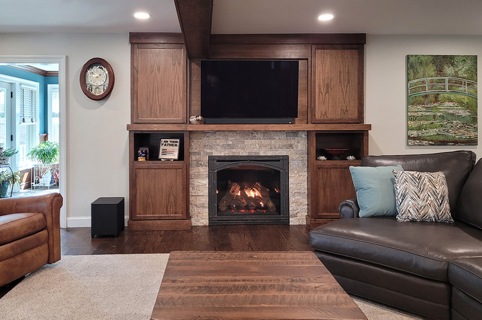 Fireplace Surround Cabinets with Two Disctinct Cabinet Depths for Customized Storage