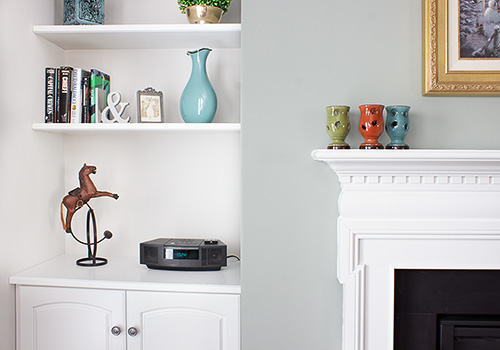 Built-in Fireplace Cabinet with Floating Shelves Close Up